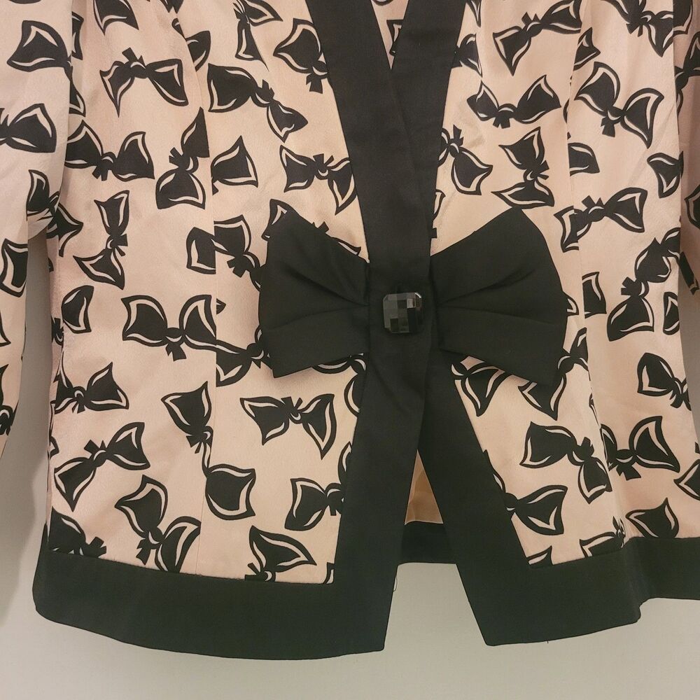 2PC Vtg Pink Black BOW Cocktail Skirt Suit faux silk Set Size 6 7 Small Coquette - Picture 5 of 15